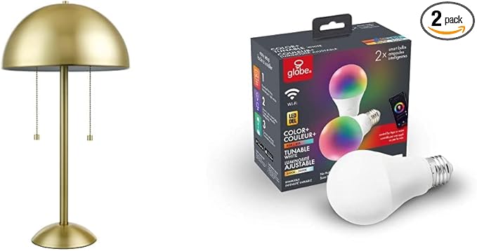 Globe Electric 12976 Haydel 21" 2-Light Matte Brass Table Lamp + 34207 Wi-Fi Smart 10W (60W Equivalent) Multicolor Changing RGB Tunable White Frosted LED Light Bulb 2-Pack