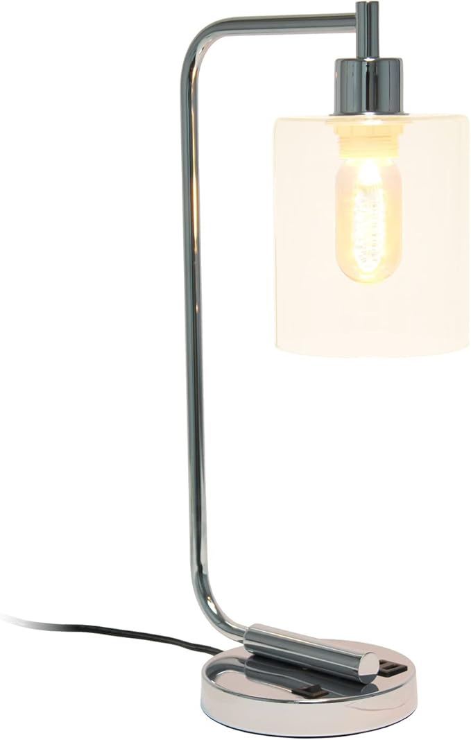 Simple Designs LD1066-CHR Bronson Antique Style Industrial Iron Lantern Desk Bedside Table Lamp with Dual 2 USB Charging Ports and Glass Shade, Chrome