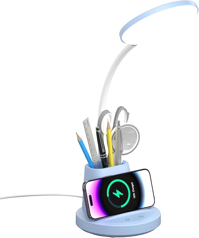LED Desk Lamp with Wireless Charger for Home Office, Small with Pen Holder, 800LM,3 Color Modes,Gooseneck, Eye-Caring White Desk Lamps for Home College Dorm Room,Blue