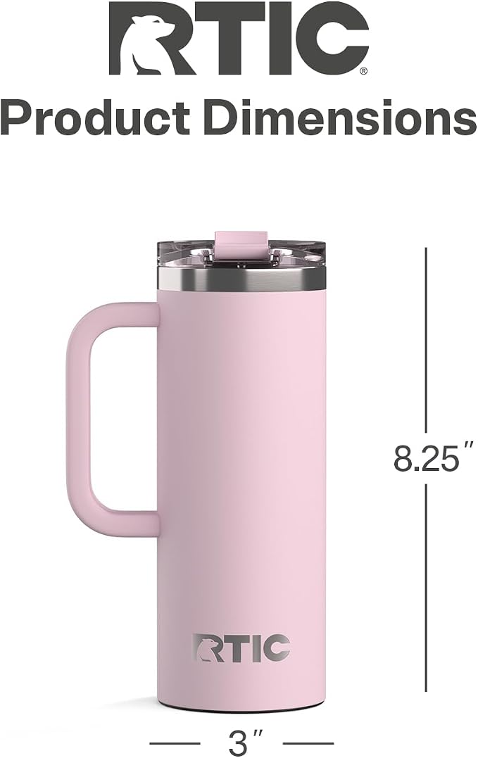 RTIC 20oz Road Trip Travel Mug with Lid and Handle, Ceramic Lined, Insulated, Stainless Steel, Metal, Double Wall Vacuum-Insulation, Portable Coffee, Tea Cup for Hot and Cold Drink, Pale Pink