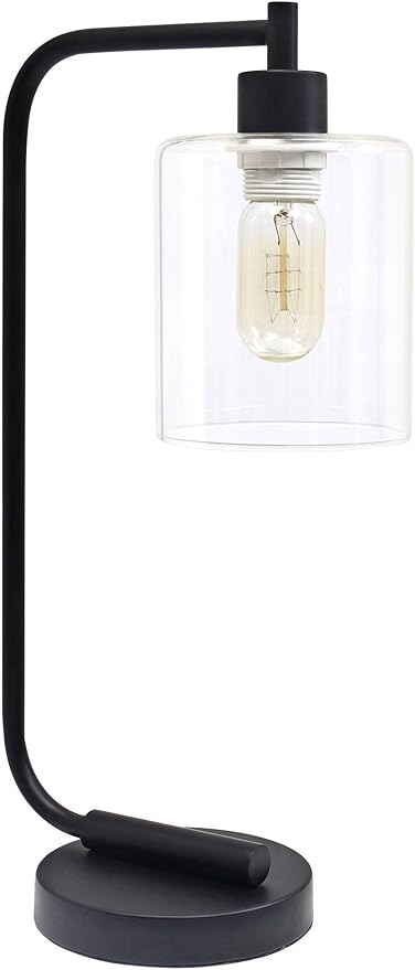 Simple Designs LD1036-BLK Bronson Antique Style Industrial Iron Lantern Desk Bedside Glass Shade Table Lamp, Black