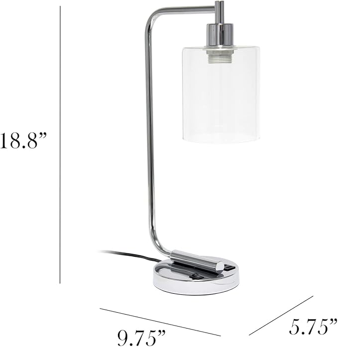 Simple Designs LD1066-CHR Bronson Antique Style Industrial Iron Lantern Desk Bedside Table Lamp with Dual 2 USB Charging Ports and Glass Shade, Chrome