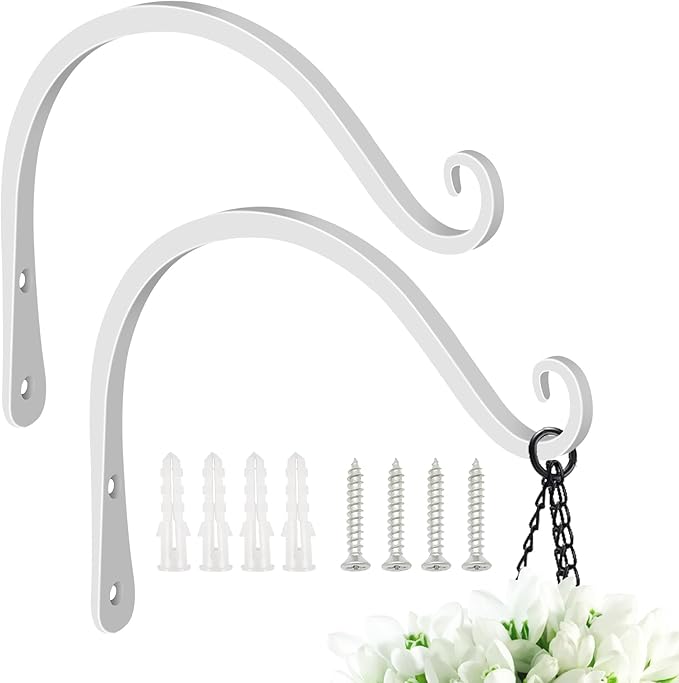 FEED GARDEN Iron Wall Hooks Decorative Metal Curved Plant Hanger Hooks, Indoor/Outdoor Use for Hanging Bird Feeders, Wind Chimes, Flower Baskets, Yoga Mat, (White, 8 Inch 2 Pack)