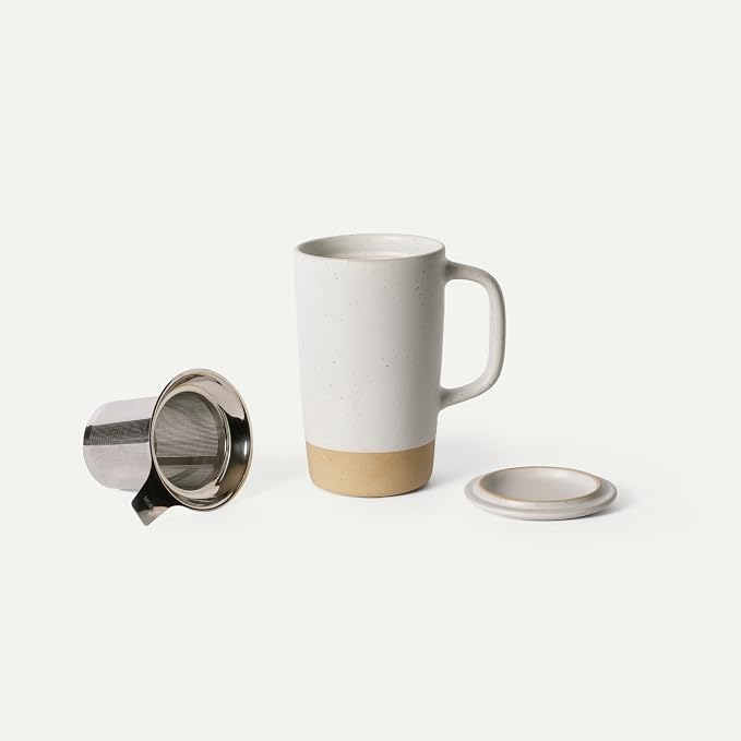 MORA Ceramics Large Tea Mug with Loose Leaf Infuser and Ceramic Lid, 18 oz, Portable, Microwave, Dishwasher Safe, Tall Coffee Cup - Rustic Matte Ceramic Glaze, Modern Herbal Tea Strainer, Oat