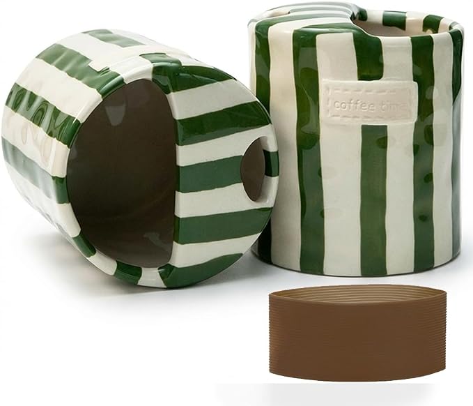 Ceramic Coffee Mug with Lid, Ceramic Travel Mug with Straw Hole, 12oz Retro Striped To Go Coffee Mug for Hot & Cold Drinks, Microwave & Dishwasher Safe,Green