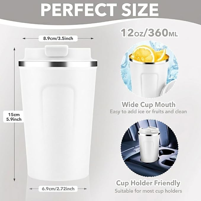 Volhoply 12 oz Double Wall Insulated Vacuum Travel Coffee Mugs with Flip Lid Bulk 2 Pack,Reusable Stainless Steel Leak Proof Coffee Cup,Portable Cafe Thermal Tumbler for Hot & Cold Drinks(White,2 Set)