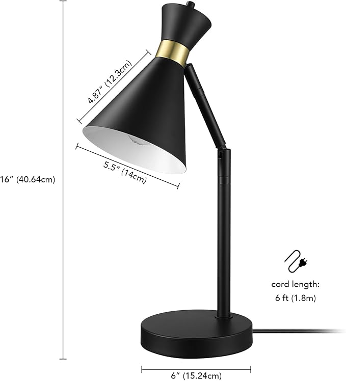 Globe Electric 61000056 16" Desk Lamp, Matte Black Finish, Matte Brass Accents, Pivot Joint, On/Off Rotary Switch on Socket, E26 Base Bulb, Lamp for Living Room, Home Office, Home Improvement