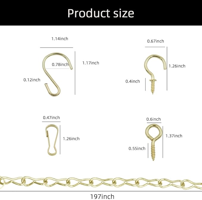 236 Inch Gold Hanging Baskets Chains - Adjustable Length, Brass Decorative Metal Chain with A Great Assortment of Hooks for Hanging Bird Feeders Planters Baskets Billboards Ornaments, Chain Hooks DIY