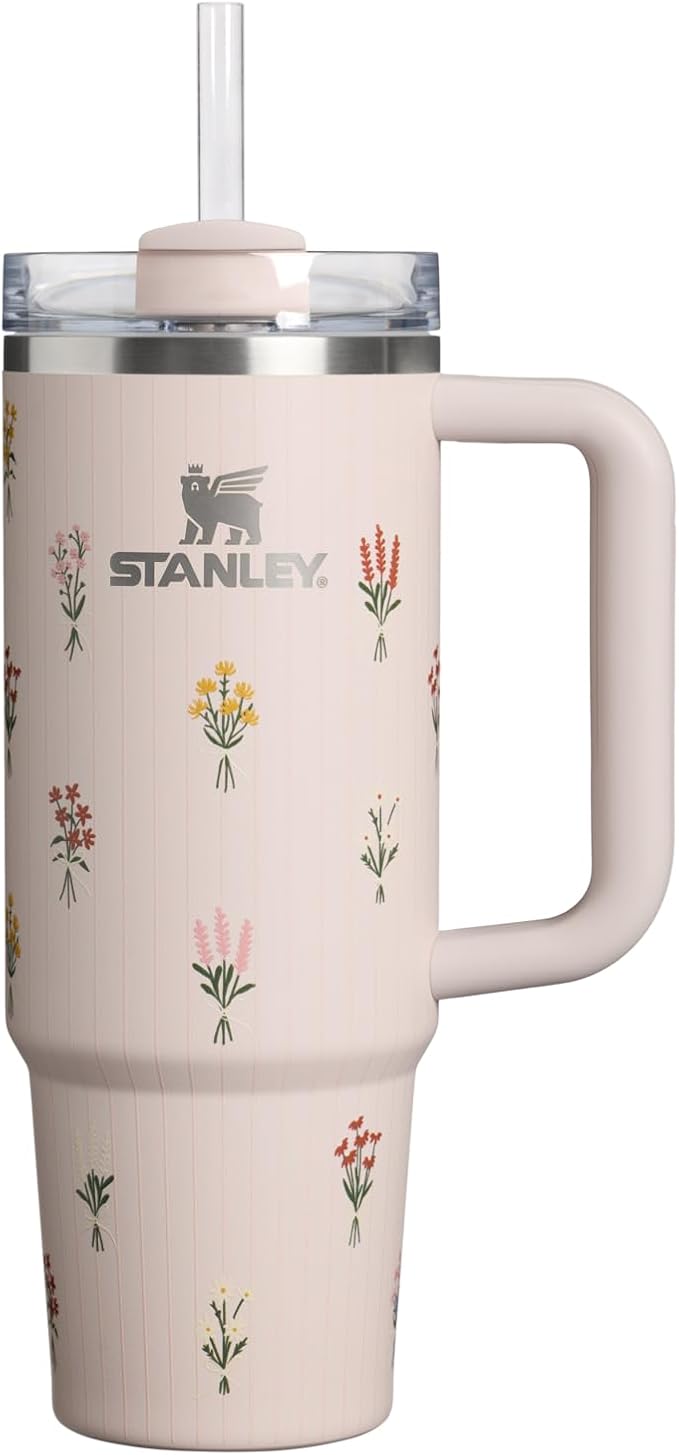 STANLEY Quencher H2.0 Flow State Tumbler, 30 oz, Rose Quartz Bouquets | Handle and Straw | 3-Position Lid | Cup Holder Compatible for Travel | Insulated Stainless Steel Cup | BPA-Free