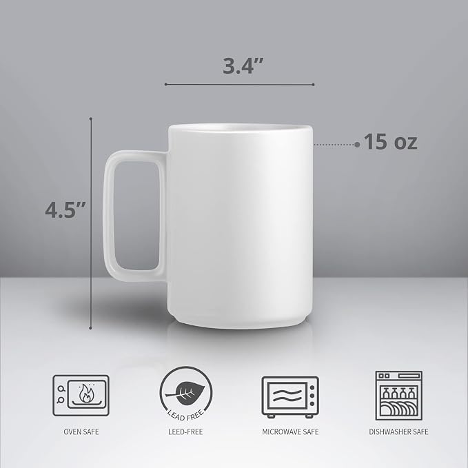 E-liu Large 15 Ounces Porcelain Coffee Mug Tea Mugs Set of 6 | Cups for Coffee, Tea, Cocoa, and Mulled Drinks , Dishwasher & Microwave Safe Gift Sets, White