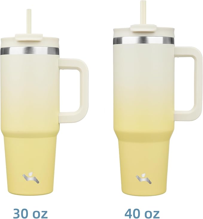 Konokyo 40 oz Insulated Tumbler Water Bottle with Handle, Straw Lid | BPA-free and dishwasher safe; made for gym, travel, coffee and gifting, 2 straws, cup holder friendly,Lemon