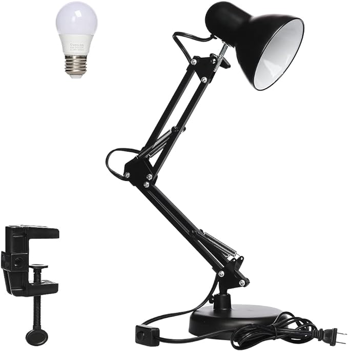 Led Desk Lamp with Clamp - Swing Arm Desk Lamp with 1 LED Cold Light Bulbs 6500K - Folding Table Lamp,Used for Office, Work, Study, Dormitory Reading and Eye Protection Desk Lamp (Black-01)