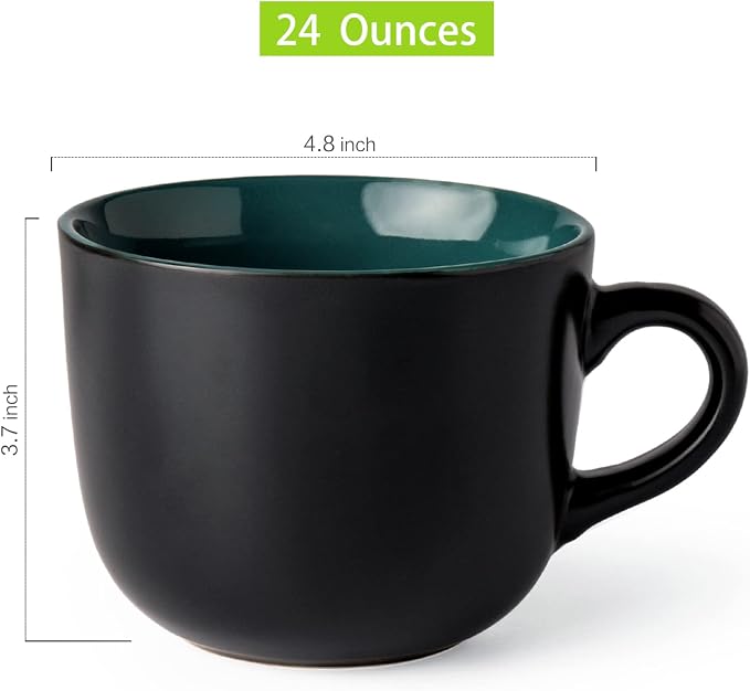 GBhome Jumbo Soup Mugs with Handles, 24 Oz Large Coffee Mugs Set of 4 | Ceramic Soup bowls for Soup Cereal Snacks Salad Noodles Cups, Microwave safe - Matte Black, Green Inside