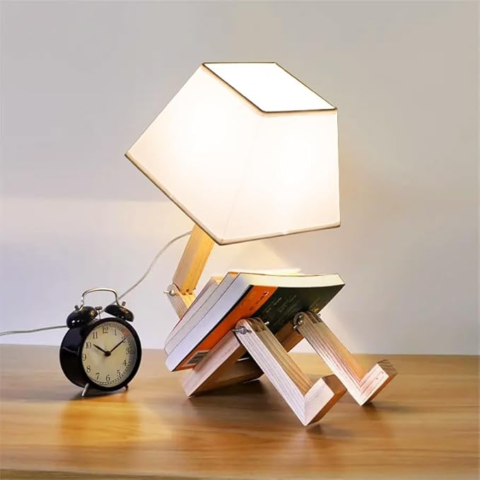ELINKUME Cute Robot Desk Lamp,Dimmable Bedside Table Lamps,Square Lampshade Night Light with Foldable Solid Wood Body,Fun Kids Lamp, Nightstand lamp for Bedroom,Study,Office,Living room(Gift)