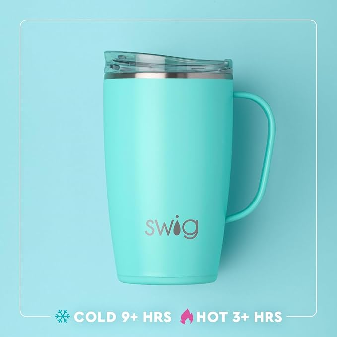Swig Life 18oz Insulated Travel Mug with Handle & Lid, Blue Lagoon | Triple Insulated Stainless Steel - Handle & Lid Included - Keeps Coffee Hot or Cold - Cup Holder Friendly