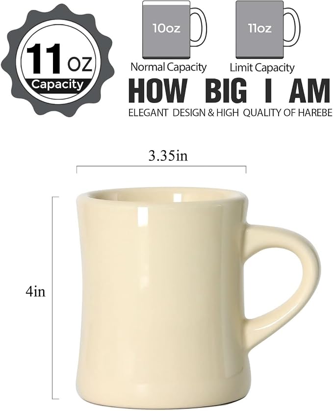 harebe Retro Coffee Cup Set of 4, 10 OZ Heavy Classic Ceramic Diner Mugs Set with Handle for Coffee, Tea, Cocoa, Milk, Latte(Cream)