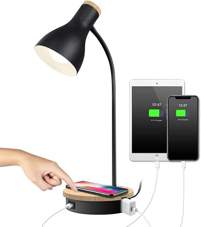 Metal Desk Lamp Wireless Charging Table Lamp Touch Reading Lights Arc Desk Lamps for Bedroom, 3 Way Dimmable Bedside Lamp with USB Charging Ports, Reading Lamp for Study Room and Office (Black-02)