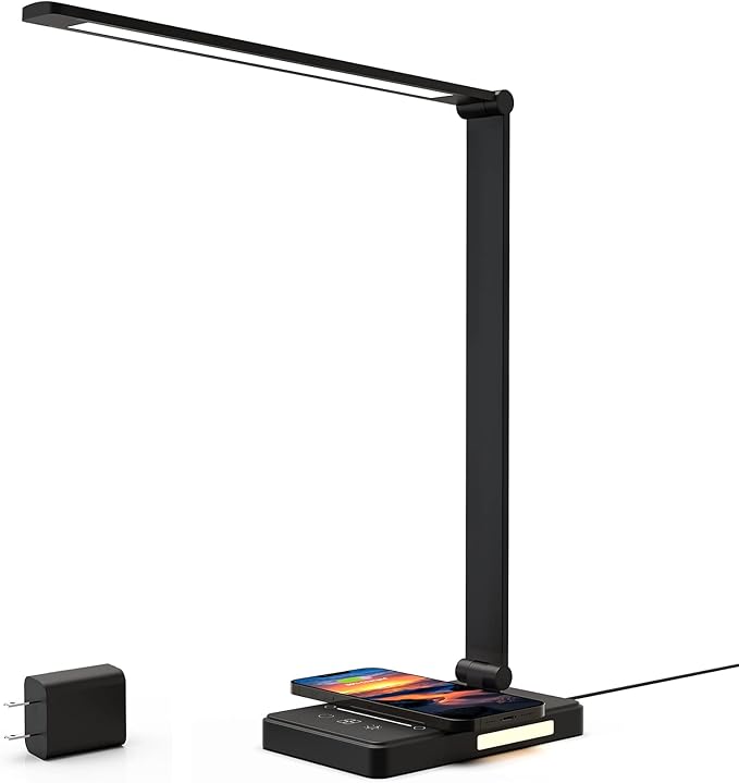 LED Desk Lamp with 10W Fast Wireless Charger, Dimmable Eye Caring Reading Desk Lamps for Office Home, Desk Light with 5 Lighting & 10 Brightness, Touch Control Table Lamp Dorm for Study Gifts BEYONDOP