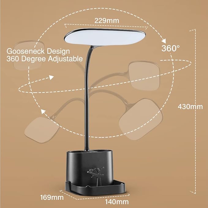 Mubarek Desk Lamps for Office Lamp 8W+3 Light Colors, USB Rechargeable & Dimmable Office Desk Lamp with USB Charging Port, 60LED+150Lumen LED Desk Lamps for Home Office Lamp LED Desk Light with Pen
