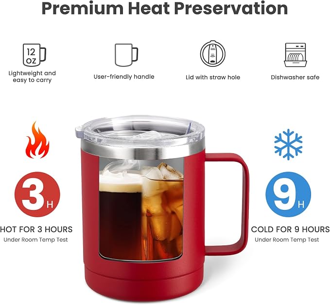 MEWAY 12oz Coffee Mug With Handle 4 Pack Bulk,Stainless Steel Insulated Travel Tumblers With Sliding Lid,Double Wall Vacuum Camping Cup for Hot & Cold Drinks Tea (Red,Set of 4)