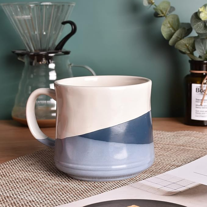 Bosmarlin Large Stoneware Coffee Mug, Big Tea Cup for Office and Home, 21 Oz, Dishwasher and Microwave Safe, 1 PCS (Geometry-Blue)