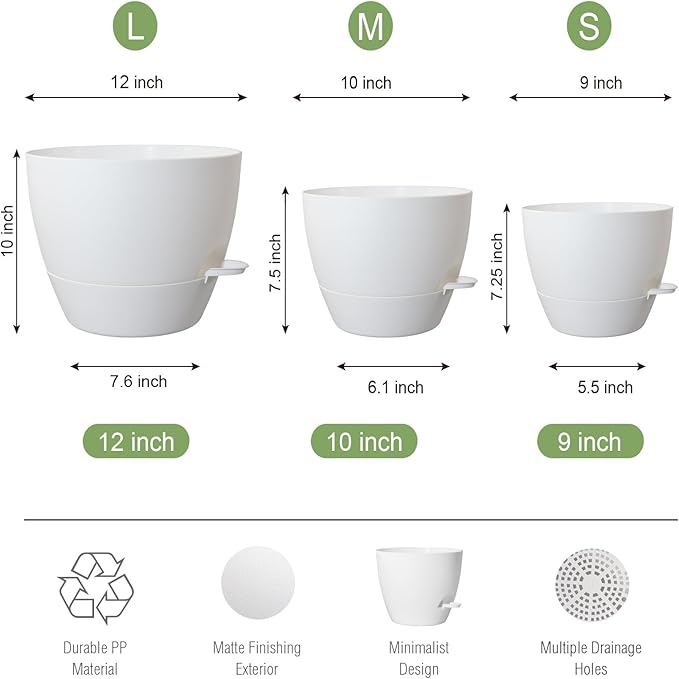Large Self Watering Pots, 12/10/9 Plastic Planters with High Drainage Holes and Deep Reservoir for Indoor Outdoor Garden Plants and Flowers, White