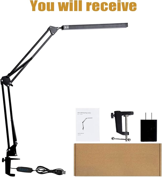 LED Desk Lamp, Adjustable Swing Arm Lamp with Clamp, Eye-Caring Reading Light, 10 Brightness Levels, 3 Lighting Modes, Memory Function Lamps for Home Office Adapter (Black)