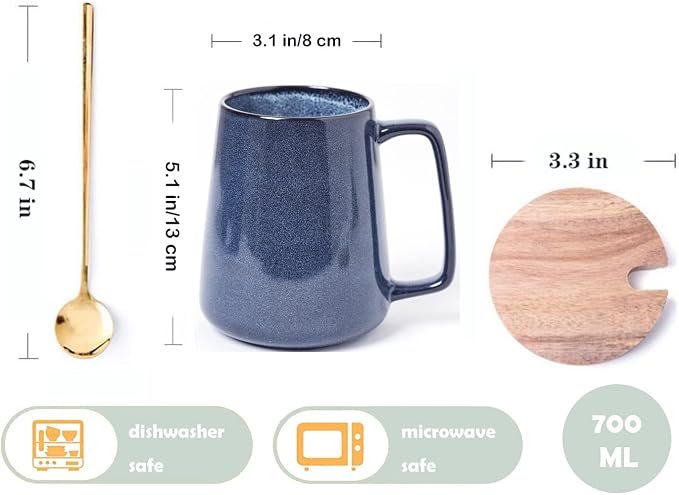 Large Ceramics Coffee Mugs,24 OZ,With Spoon And Wooden Lid,For Coffee,Tea,Cocoa,Large Handle Design,Microwave And Dishwasher Safe(Color:24 oz blue set)