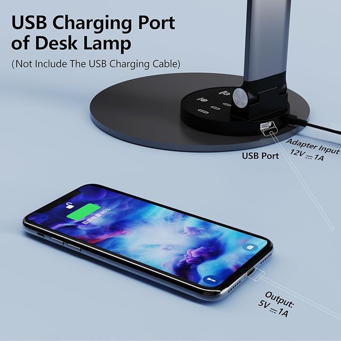 LED Desk Lamp for Home Office, Bright Desk Light Reading Table Lamps Eye-Care Touch Control with USB Charging Port, 3 Color Temperatures, 6 Brightness lighting for Desktop Study