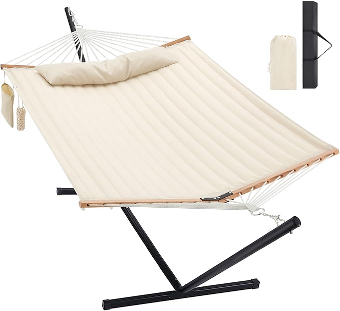 Two Person Hammock with Stand for Outside Heavy Duty, Outdoor Patio Hammock with Portable Steel Stand, Large Double Hammocks,480lbs Capacity.(Off White)