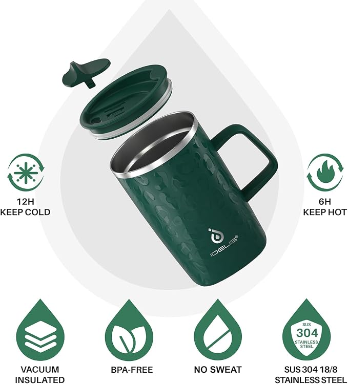 Ideus 16oz Insulated Stainless Steel Coffee Mug with Lid Leopard Dark Green | Perfect for home, office, or daily use| Easy to clean wide mouth| Sweat-proof| On the go