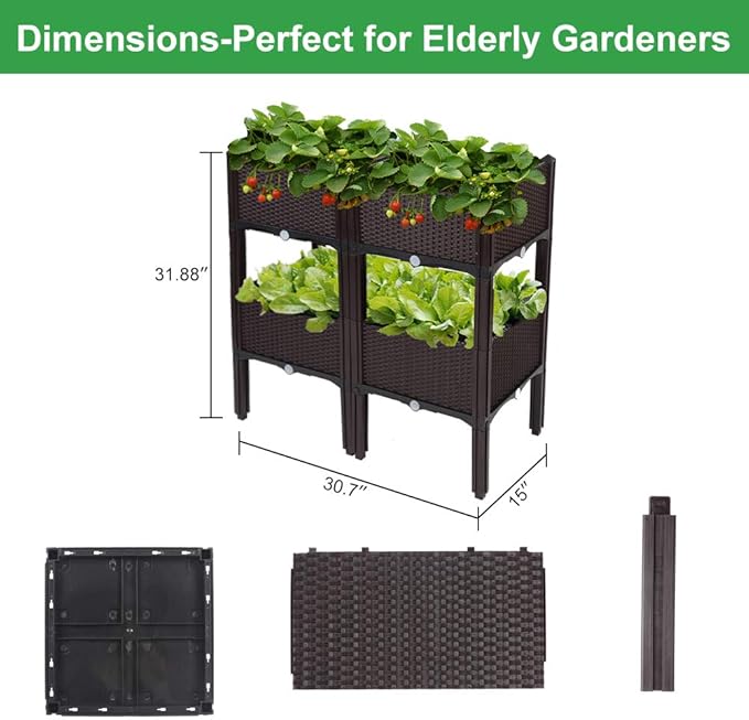 VINGLI Square Raised Garden Bed, Self-Watering Plastic Planter for Indoor Outdoor Vegetables, Fruits, Potato, Flowers, All Weather (4 Pcs)