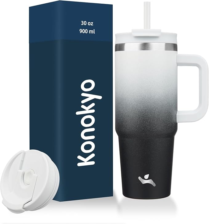 Konokyo 30 oz Insulated Tumbler Water Bottle with Handle, Straw Lid | BPA-free and dishwasher safe; made for gym, travel, coffee and gifting, 2 straws, cup holder friendly,Day Night