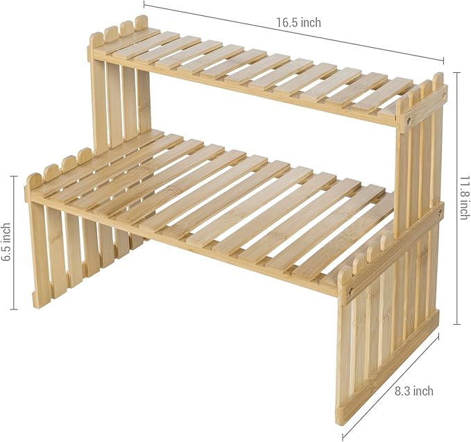 MyGift Natural Bamboo Indoor Plant Stand for Desk, 2 Tier Desktop Shelf Organizer Rack with 2 Slatted Shelves