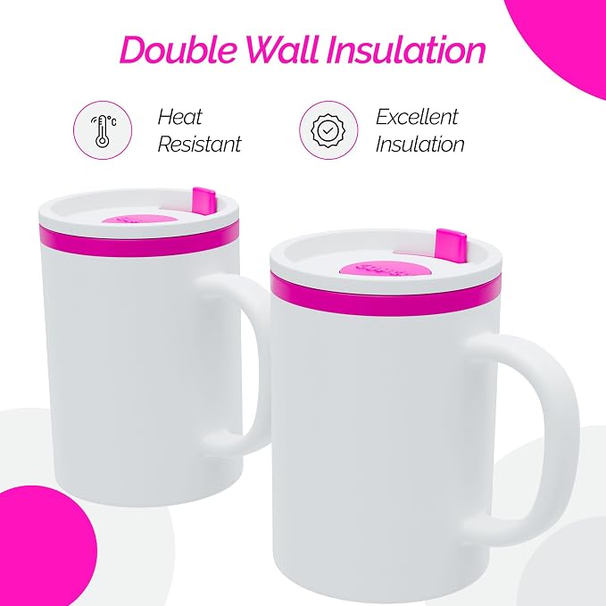 Copco Iconic Desk Mug with Lid & Handle, 16 Oz - Pink, Set of 2 | Double-Wall Insulated Reusable Coffee Mug, Spill-Resistant Slide, Wide Mouth for Hot & Cold Drinks, Office & Travel Cup