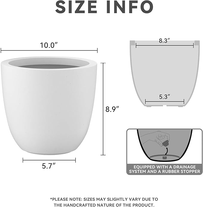 Kante 10 Inch Dia Round Concrete Planter, Indoor Outdoor Large Plant Pot with Drainage Hole and Rubber Plug for Home Patio Garden, Pure White