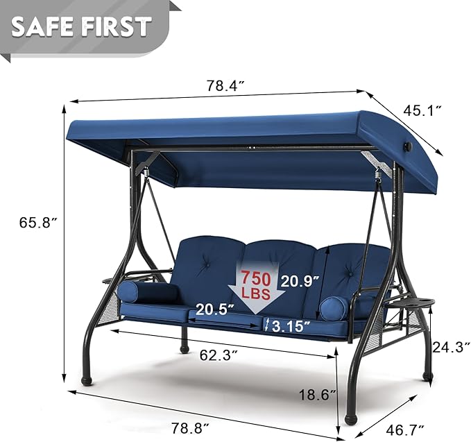 HOMREST 3 Seat Outdoor Porch Swing with Adjustable Canopy, Convertible Patio Swing Bed with Stand, Patio Glider Swing with Upgraded Cup Holder, Thicken Cushions & Pillow for Backyard (Blue)