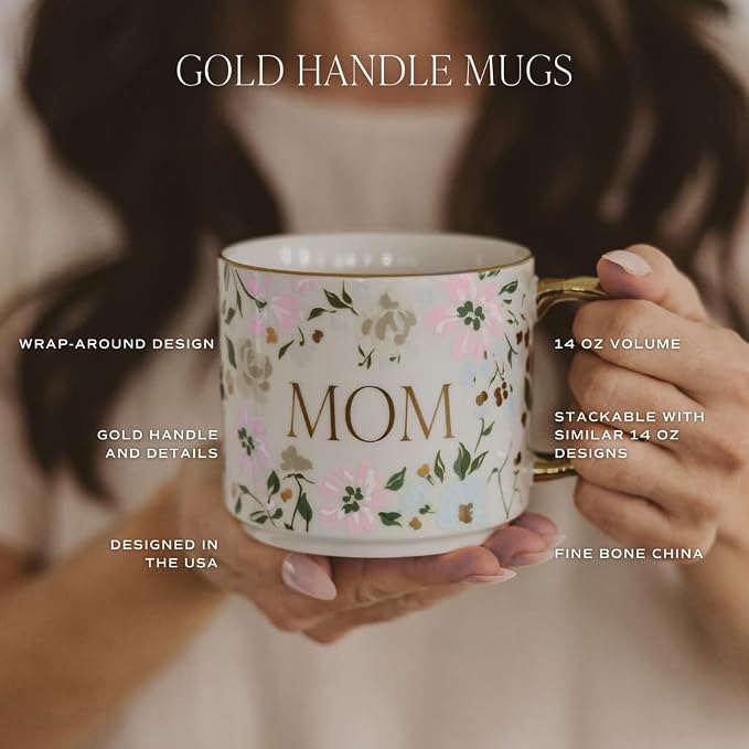 Sweet Water Decor Mug for Mom, 14oz Fine Bone China Cup with Gold Handle & Rim for Tea & Coffee Drinks, Gift Idea for Mother's Day, Mom's Birthday & Christmas, Cute Vintage Floral Design