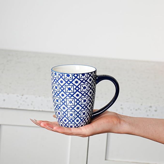 Ceramic Coffee Mugs Set - 16 Oz Large Porcelain Tea Cups with Handle for Men Women Latte Cocoa Cappuccino - Christmas Housewarming Gift - Dishwasher Safe - Set of 6 - Vintage Blue