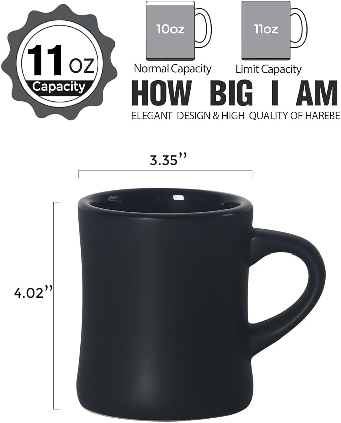 harebe Retro Coffee Mugs Set of 4, 10 OZ Heavy Classic Ceramic Diner Cups Set with Handle for Coffee, Tea, Cocoa, Milk, Latte(Black)