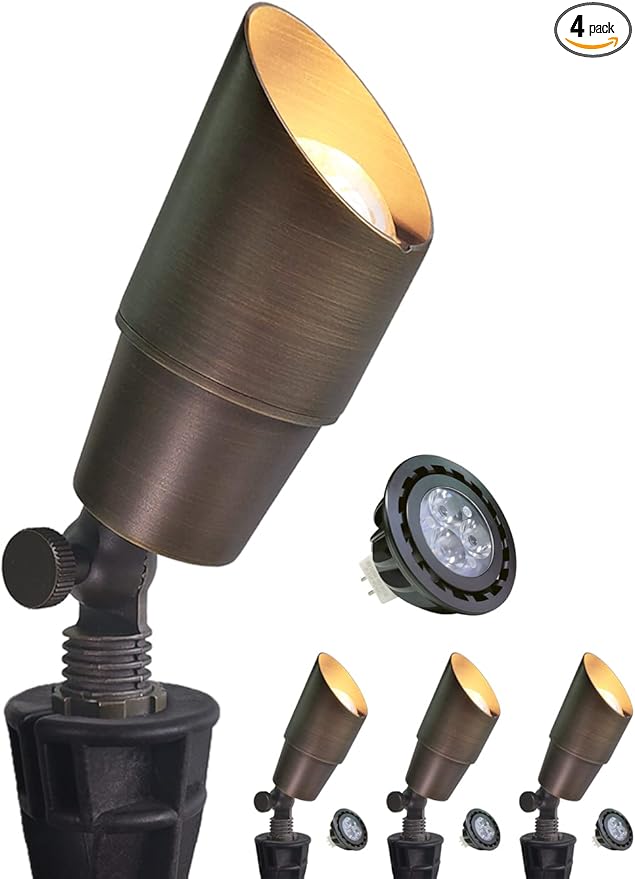 MALORY Brass Landscape Spotlight 4-Pack with Bulb(S01), Low Voltage 12V AC/DC LED Outdoor Landscape Lighting,PVC Ground Stake and Wire Connector Included, Garden Patio Trees Spot Uplight