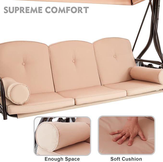 HOMREST 3 Seat Outdoor Porch Swing with Adjustable Canopy, Convertible Patio Swing Bed with Stand, Patio Glider Swing with Upgraded Cup Holder, Thicken Cushions & Pillow for Backyard(Khaki)