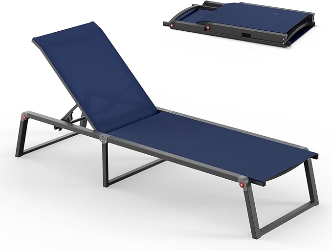 Aluminum Chaise Lounge Chair Outdoor, Foldable & Assembly Free Patio Pool Lounge Chairs 5-Position Recliner for Outside Poolside, Fully Grounded Legs Sun Lounger for Beach, Yard, Navy Blue