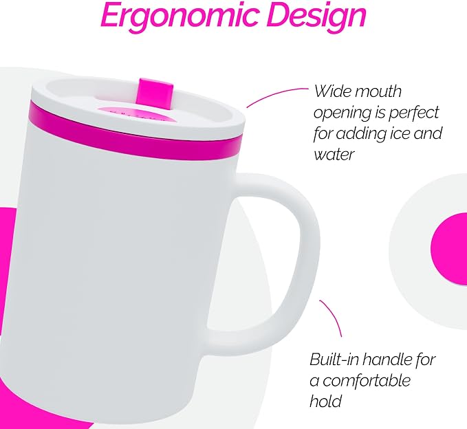 Copco Iconic Desk Mug with Lid & Handle, 16 Oz - Pink, Set of 2 | Double-Wall Insulated Reusable Coffee Mug, Spill-Resistant Slide, Wide Mouth for Hot & Cold Drinks, Office & Travel Cup