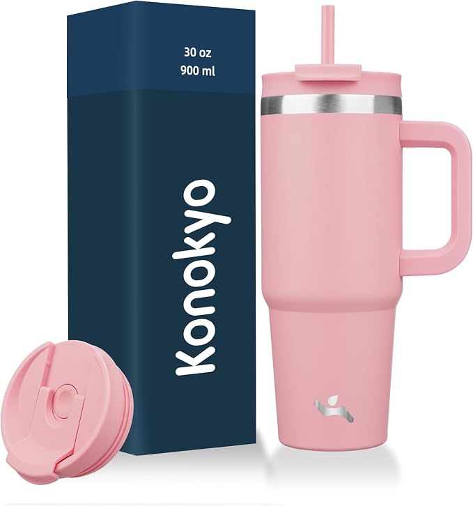 Konokyo 30 oz Insulated Tumbler Water Bottle with Handle, Straw Lid | BPA-free and dishwasher safe; made for gym, travel, coffee and gifting, 2 straws, cup holder friendly,Pink