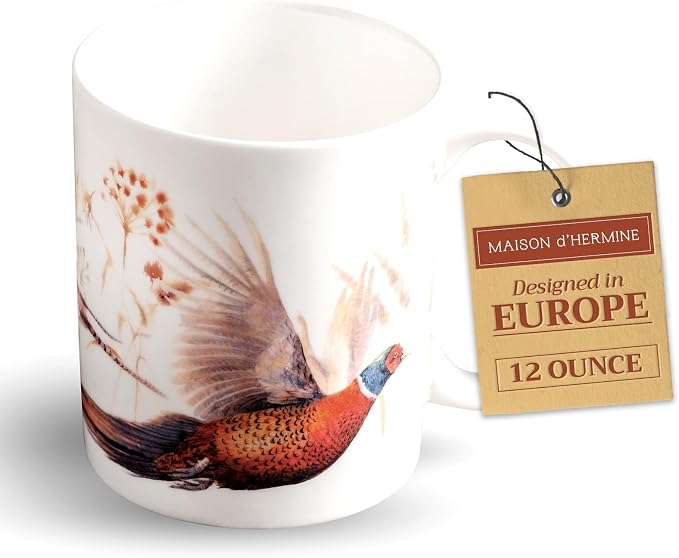 Maison d' Hermine Coffee Mug with Handles Tea Cups (12 Ounce, Pack of 1) | Fine Bone China Coffee Mugs for Hot Beverages Cappuccino Latte Home Restaurant Spring Summer -Faisan D'Automne - Vol Libre