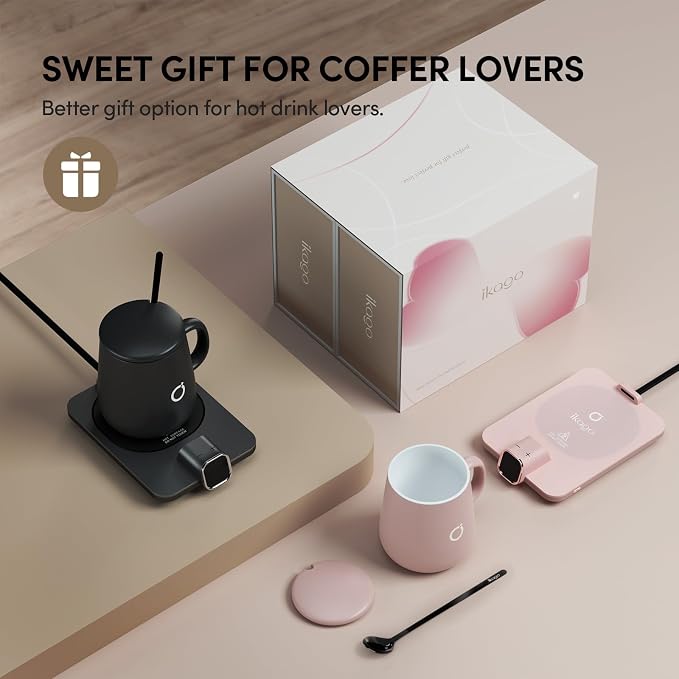 Coffee Cup Warmer & iKago Mug Set, 1℉ Precise Temp Control Mug Warmer | Auto Shut Off, Infrared Sensor, Dual Temp Display, ℉/℃ Optional, 15oz Mug with Spoon & Lid Included, Gifts for Men Women