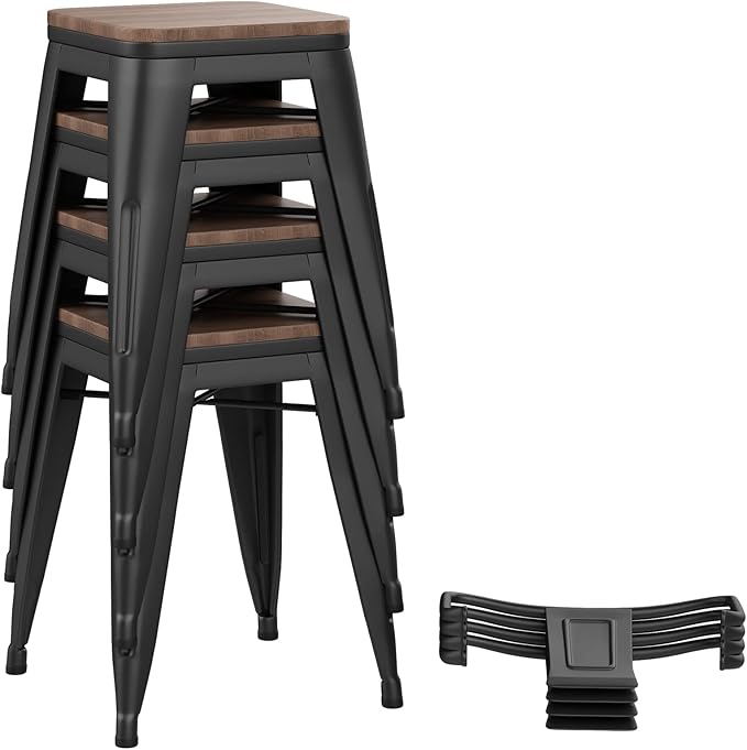 Yongchuang 18" Bar Stools Set of 4 Metal Stackable Short Stools for Classroom Kitchen Dining Stool Chairs with Wood Top Low Back