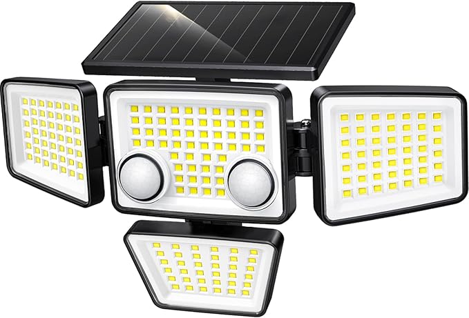 Solar Outdoor Lights - 3000LM 188 LED Motion Sensor Outdoor Lights, 4 Heads IP65 Waterproof Powered Security Flood Lights, 270°Wide Lighting Angle Wall Light with Sensors for Backyard Yard