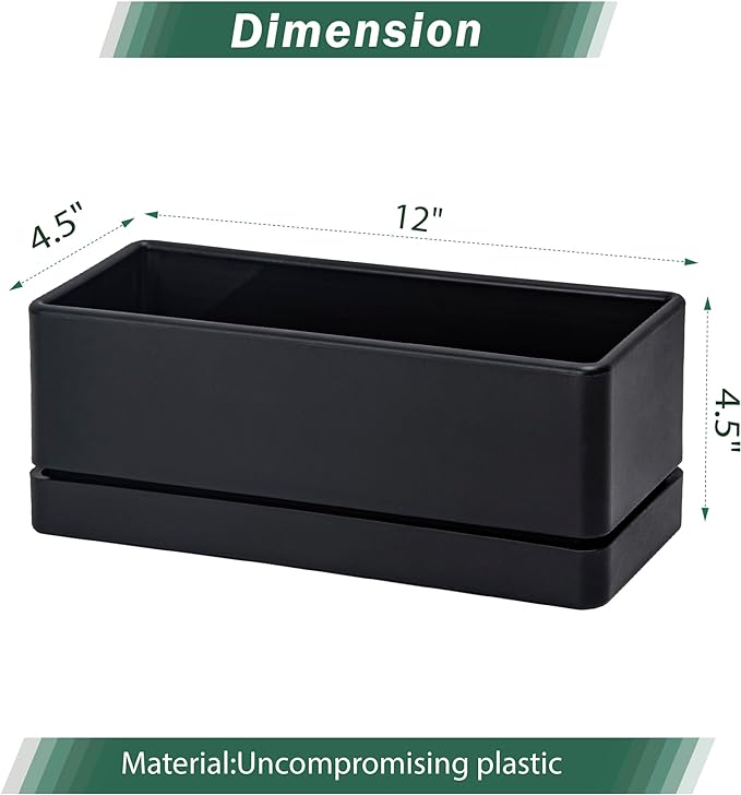 D'vine Dev 12 Inch Window Box Planter, Rectangle Plastic Herb Planter with Drainage Holes and Saucer, Indoor Succulent Cactus Vegetable Pot for Windowsill, Garden Balcony, Black, Set of 2, 76-X-B-2